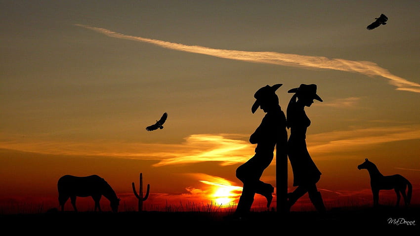 Sunsets: Persona Love Romance Cowgirl Eagles Sunset Horse Western HD wallpaper