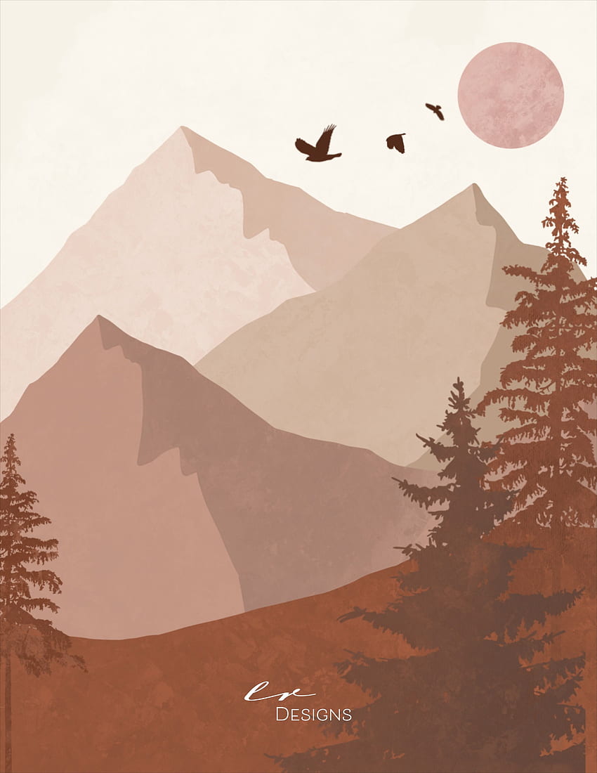 Cyfrowa ilustracja gór Boho. Sztuka minimalistyczna, Pejzaż górski, Projekty malarskie Tapeta na telefon HD