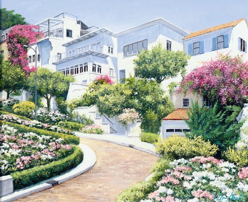 Mansion on the Hill, plants, windows, steps, roof, painting, blossoms, garage, driveway, trees, flowers, mansion HD wallpaper