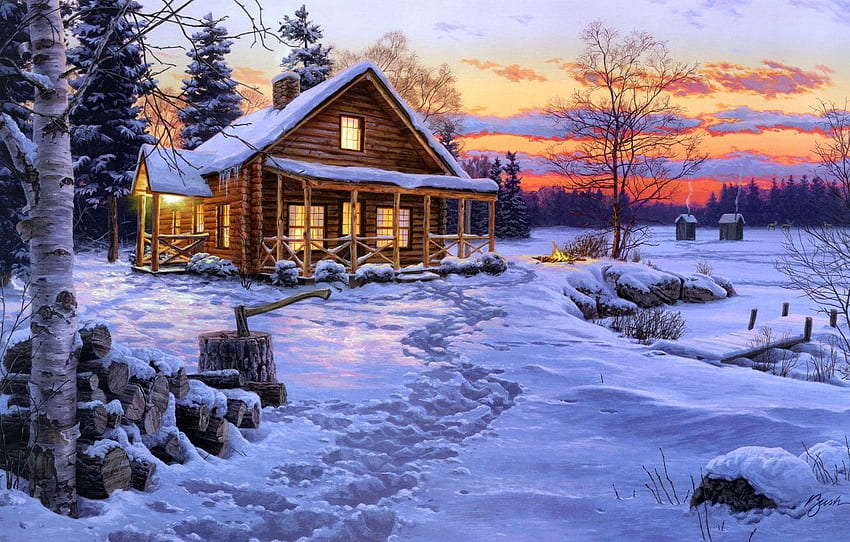 ฤดูหนาว หิมะ บ้าน ไฟ โก้เก๋ ตอนเย็น ไฟ ไม้ ไม้เรียว กระท่อม ขวาน วาด Nega Darrell Bush Winter Bliss for หมวด живопись Winter Home วอลล์เปเปอร์ HD
