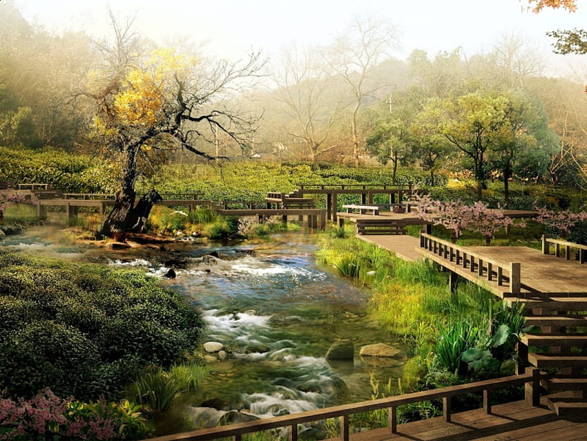 японска градина, градина, природа, вода, Япония HD тапет