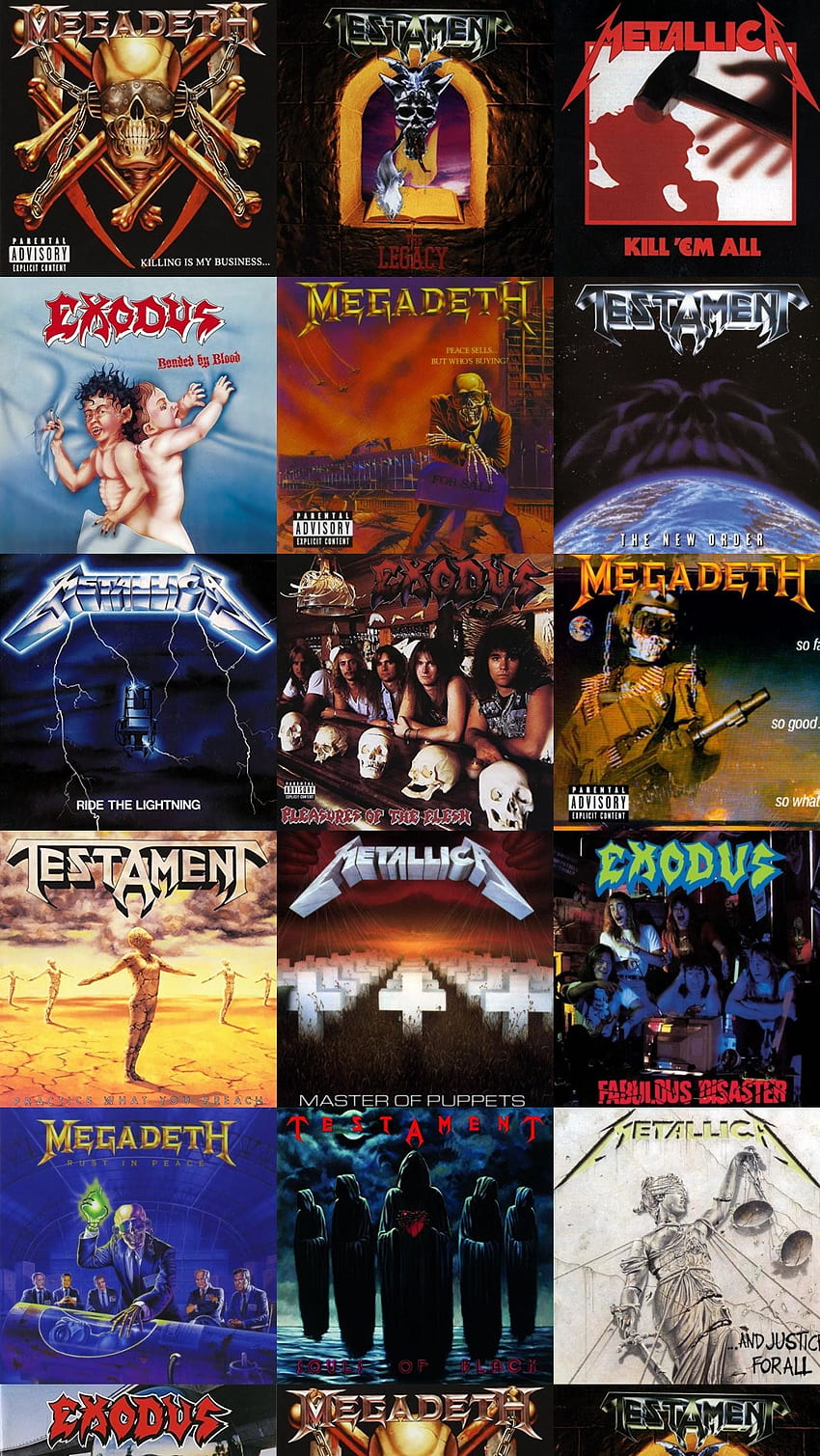 to z Megadeth – Killing Is My Business, Testament – ​​The Legacy, Metallica – Kill Em All, Exodus – Bonded By Blood… Tapeta na telefon HD