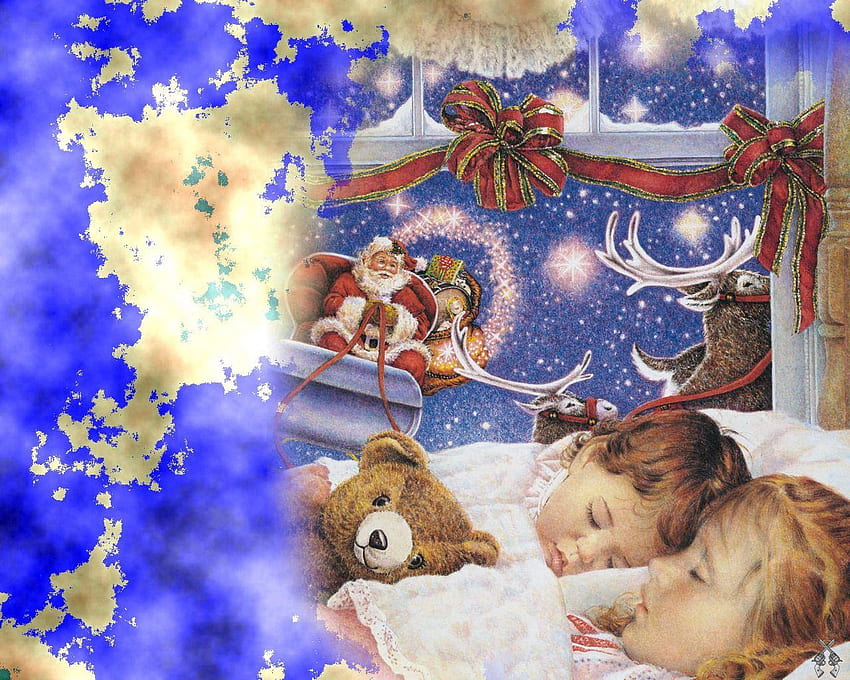 Natale in tutto il mondo, inverno, letto, ragazza, persone, vacanza, ragazzo, orso, orsacchiotto, neve, Natale, sogno, bambino, Babbo Natale, sonno Sfondo HD