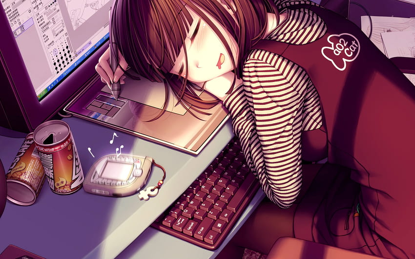 chica durmiente, anime, marea, niña, computadora, durmiendo fondo de pantalla