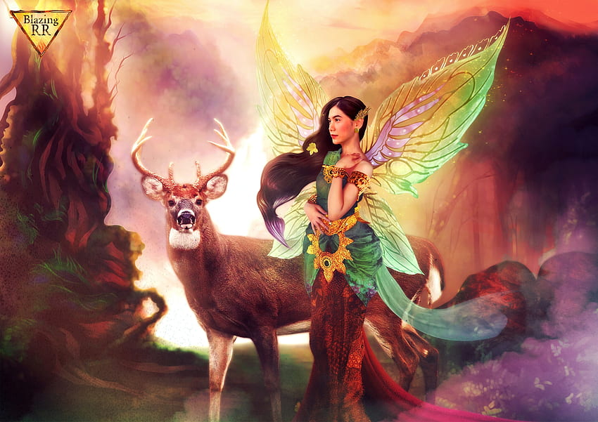 The forest fae of Java, java, fantasy, deer, girl, forest, wings, blazing rr salwa, orange, fairy, green, luminos HD wallpaper
