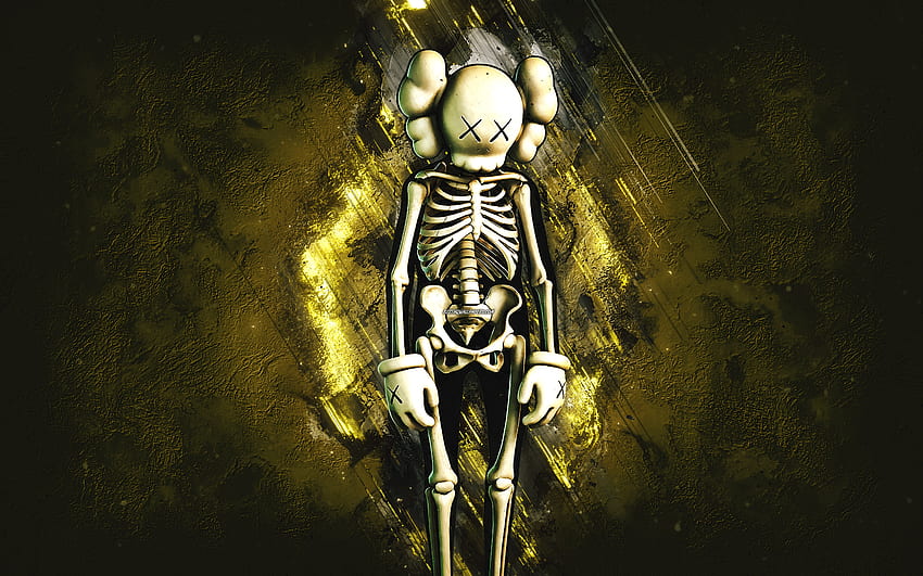 Fortnite KAWS Skeleton Skin, Fortnite, Hauptfiguren, gelber Steinhintergrund, KAWS Skeleton, Fortnite Skins, KAWS Skeleton Skin, KAWS Skeleton Fortnite, Fortnite Charaktere HD-Hintergrundbild