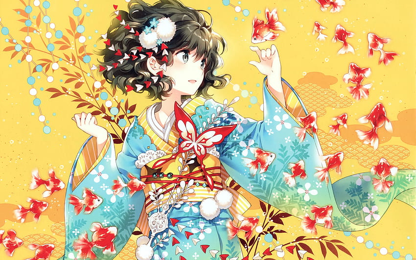 Yukata, Rambut Bergelombang, Pakaian Tradisional, Ikan, Gadis Anime - Resolusi: Wallpaper HD