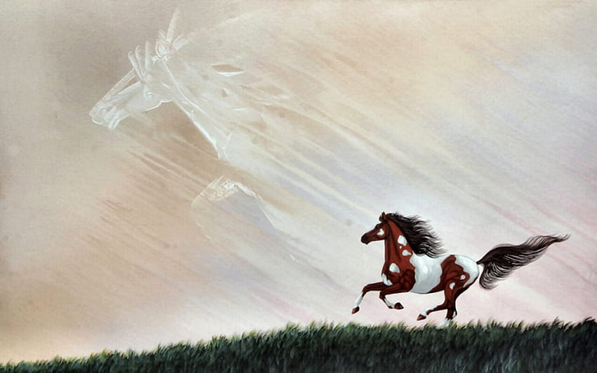 Sky Horse F2, cavallo, arte, paesaggio, opera d'arte, paesaggio, schermo panoramico, pittura, equino, cielo Sfondo HD