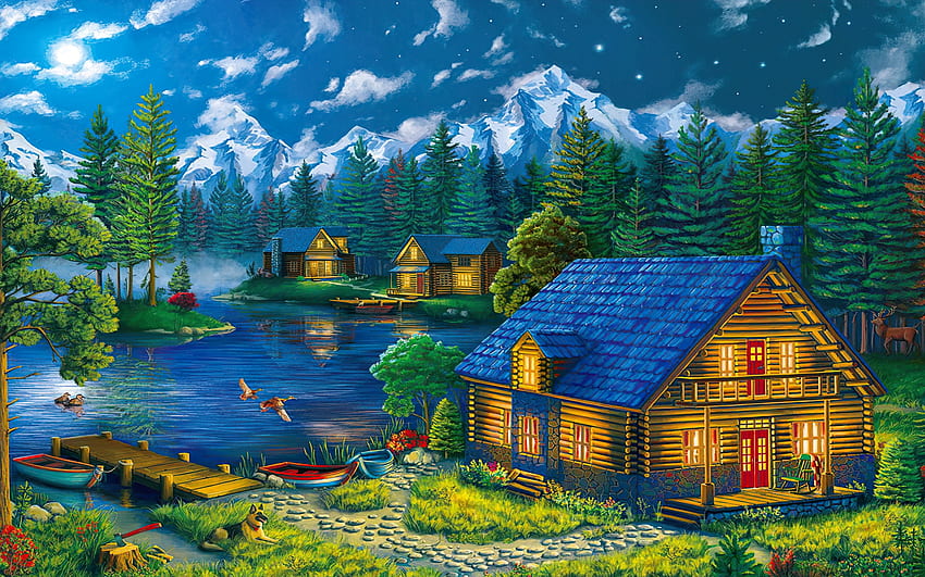 Paraíso rural, Pacífico, montanha, lago, cabine, serenidade, pintura, céu, chalé, floresta, campo, aldeia, colorida, de madeira, barco, pescaria, relaxar, arte, paraíso, bonita, ao ar livre, descansar papel de parede HD