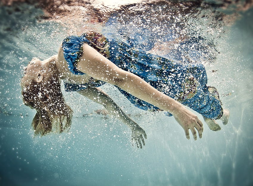 under water, blue, water bubbles, hands, beautiful, girl, dress, water HD wallpaper