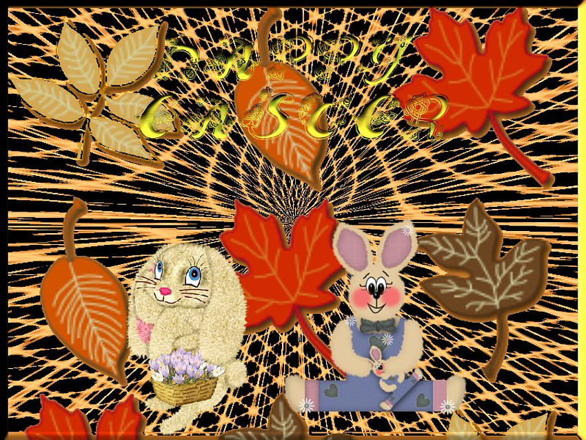 Bunny Day, leaves, rabbits, easter, eggs, collage HD wallpaper