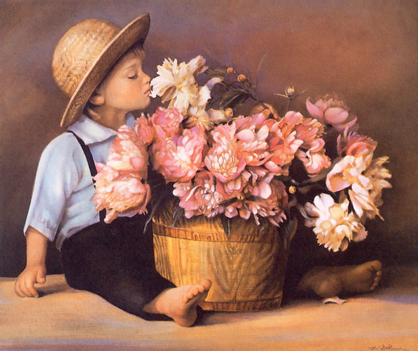 flower basket, basket, pink, boy, flowers, hat HD wallpaper
