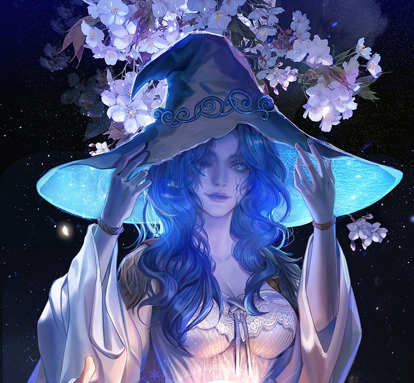 Ranni แฟนตาซี fanyang สาว แม่มด หมวก สีน้ำเงิน สีดำ fan yang ดอกไม้ ซากุระ วอลล์เปเปอร์ HD