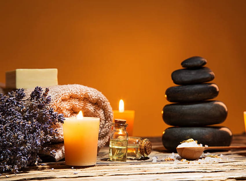 Spa with aromatic candles, Ayurveda, Salt, Stones, Soap, Towel HD wallpaper