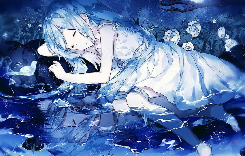 notte, dormire, ragazza per , sezione arte, Sleepy Anime Sfondo HD