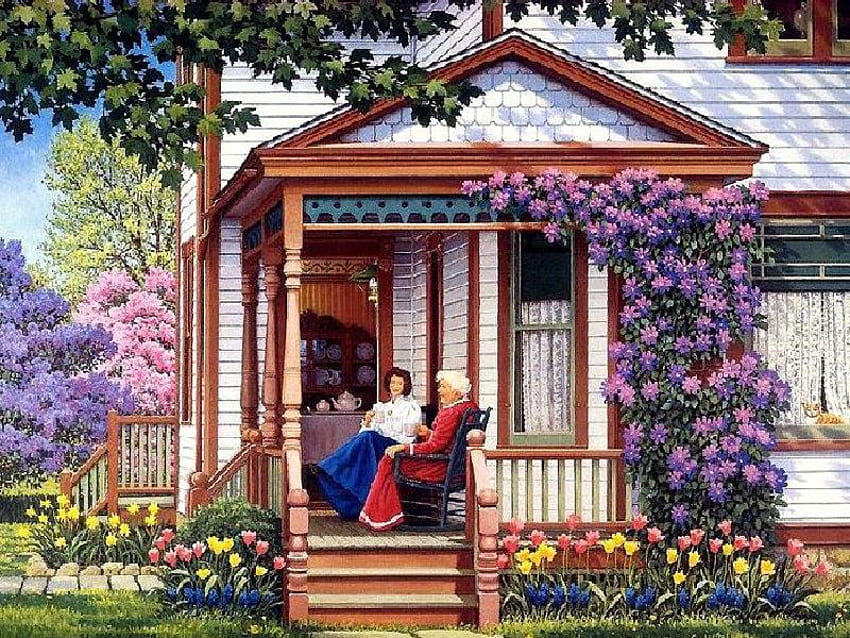 Visiting Friends, colorful, plants, cups, painting, door, coffee, trees, window, house, steps, visit, lawn, leaves, porch, vine, flowers, friendship, women HD wallpaper