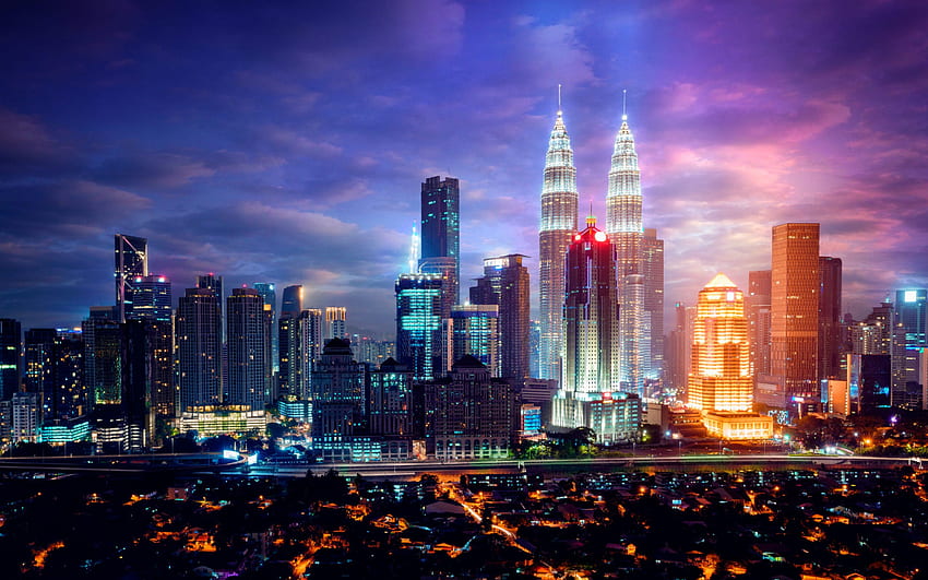Kuala Lumpur, evening, skyscrapers, Kuala Lumpur cityscape, Petronas Towers, Kuala Lumpur skyline, Malaysia HD wallpaper