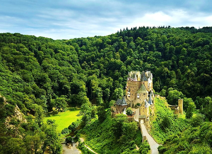 Castle in the green, hills, valley, green, trees, grass, castle, towers HD wallpaper
