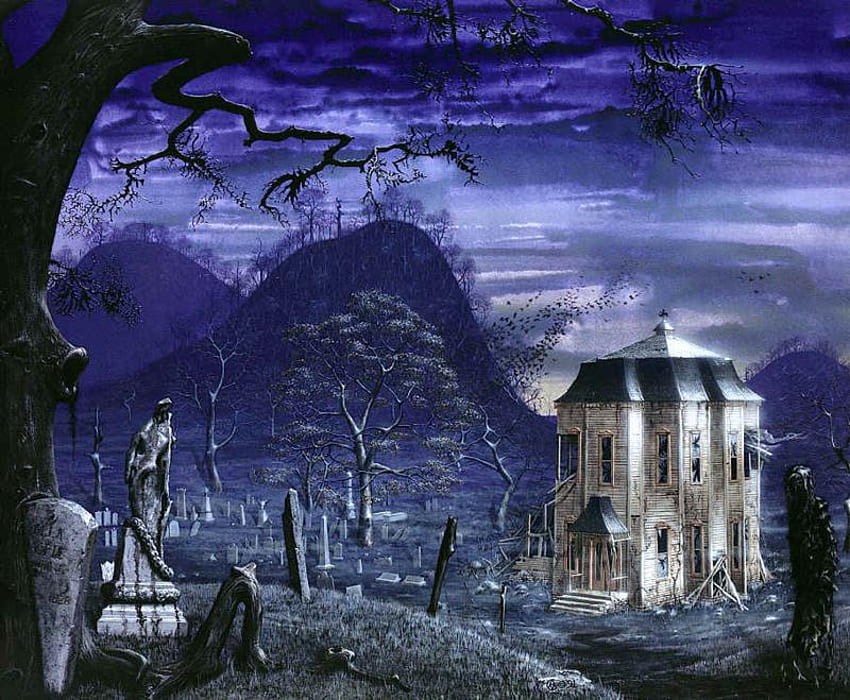 HAUNTED HOUSE, halloween, purple, haunted, house HD wallpaper