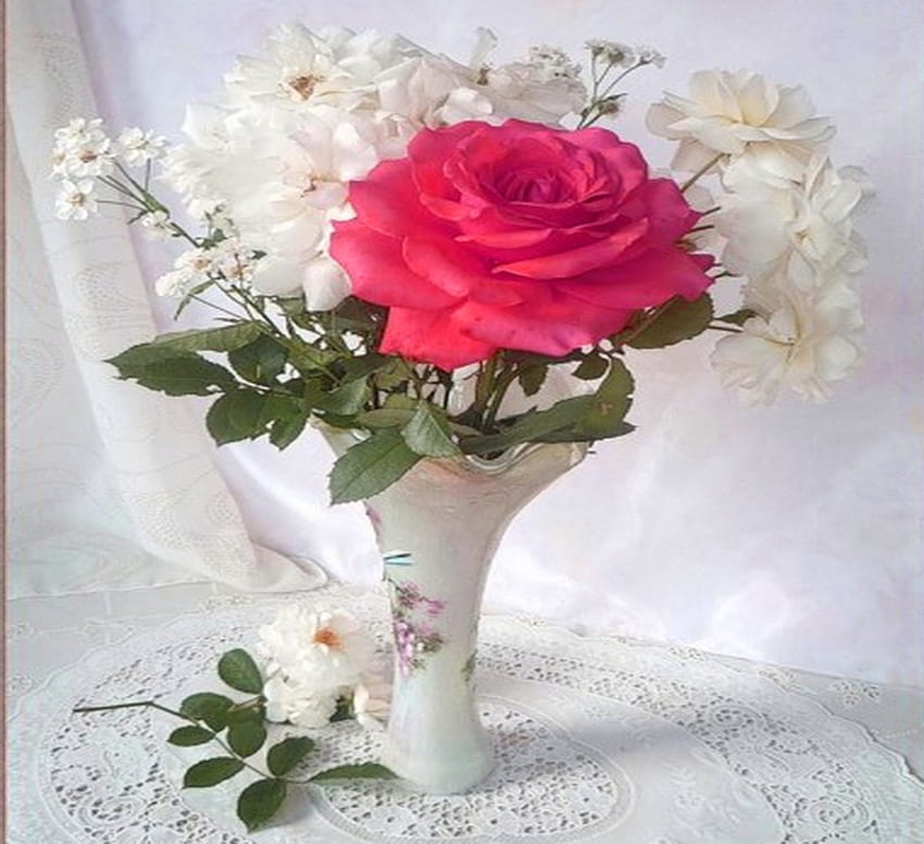 Beauty in a vase, rose, green leaves, drape, vase, white flowers HD wallpaper