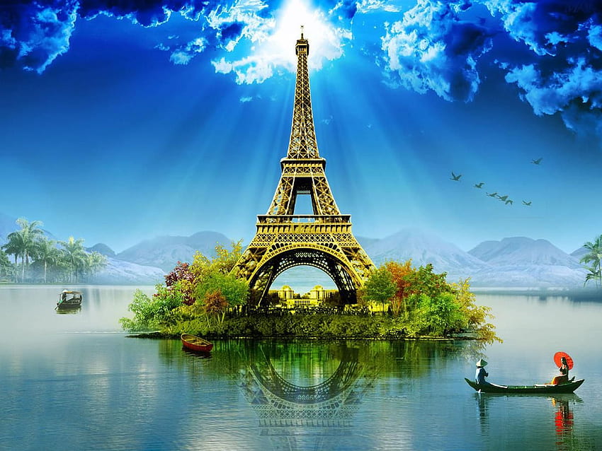 Paris Eiffel Tower Manipulation By Beautiful Background Nature & Background HD wallpaper