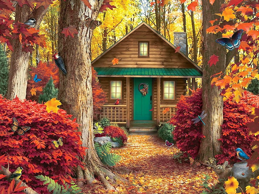 Memory Lane, season, woods, fall, cabin, memories HD wallpaper