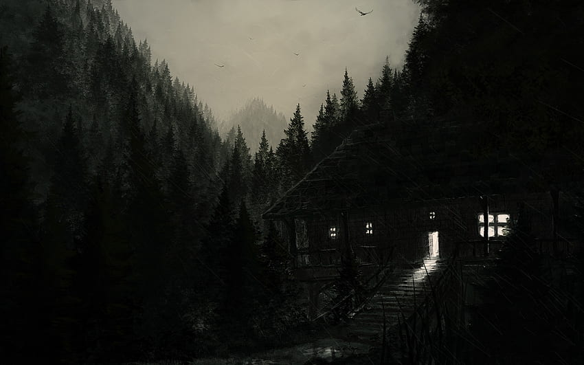 Cabina espeluznante espeluznante oscura casas arquitectura edificios árboles bosques paisajes luces nocturnas artístico embrujado halloween estacional | ... fondo de pantalla