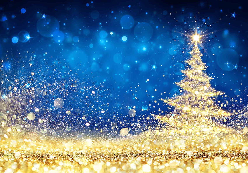 Glänzender Weihnachtsbaum - goldener Staub, der im blauen Hintergrund funkelt. Weihnachtsbaummalerei, Weihnachtsbaumhintergrund, Weihnachtshintergrund, blaue Weihnachtsverzierungen HD-Hintergrundbild