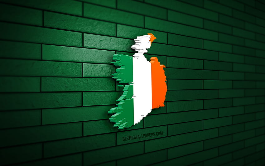 Mapa de Irlanda, pared de ladrillo verde, países europeos, silueta del mapa de Irlanda, bandera de Irlanda, Europa, mapa irlandés, bandera irlandesa, Irlanda, bandera de Irlanda, mapa 3D irlandés fondo de pantalla