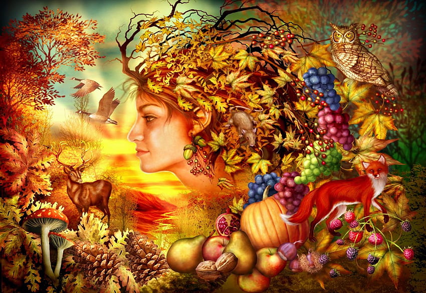 Spirit of Autumn, girl, fruits, vegetables, digital, art, face HD wallpaper