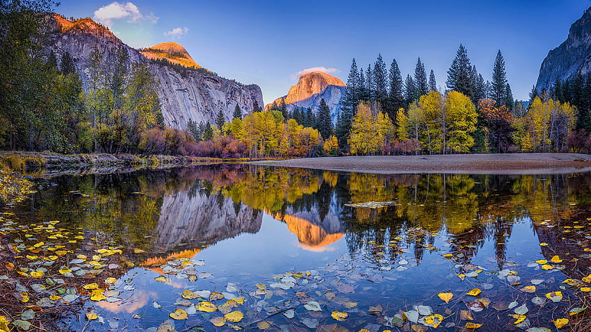 Yosemite National Park California、倒影, 秋, 川、木 高画質の壁紙