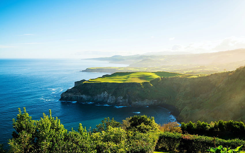 The Atlantic Coast of Portugal, sky, rocks, ocean, landscape, trees, clouds HD wallpaper