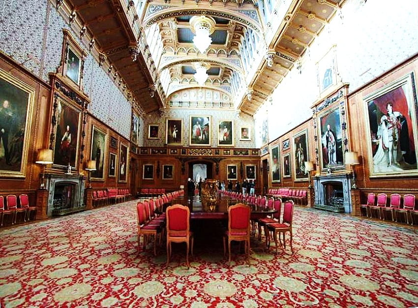 Makan siang dengan Royalty, meja panjang, perapian, ruang makan, lukisan, royalti, anggun, formal, lampu gantung, merah Wallpaper HD