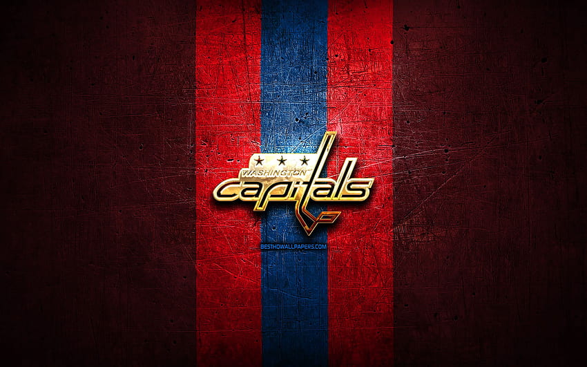 Washington Capitals, golden logo, NHL, red metal background, american hockey team, National Hockey League, Washington Capitals logo, hockey, USA for with resolution . High Quality HD wallpaper