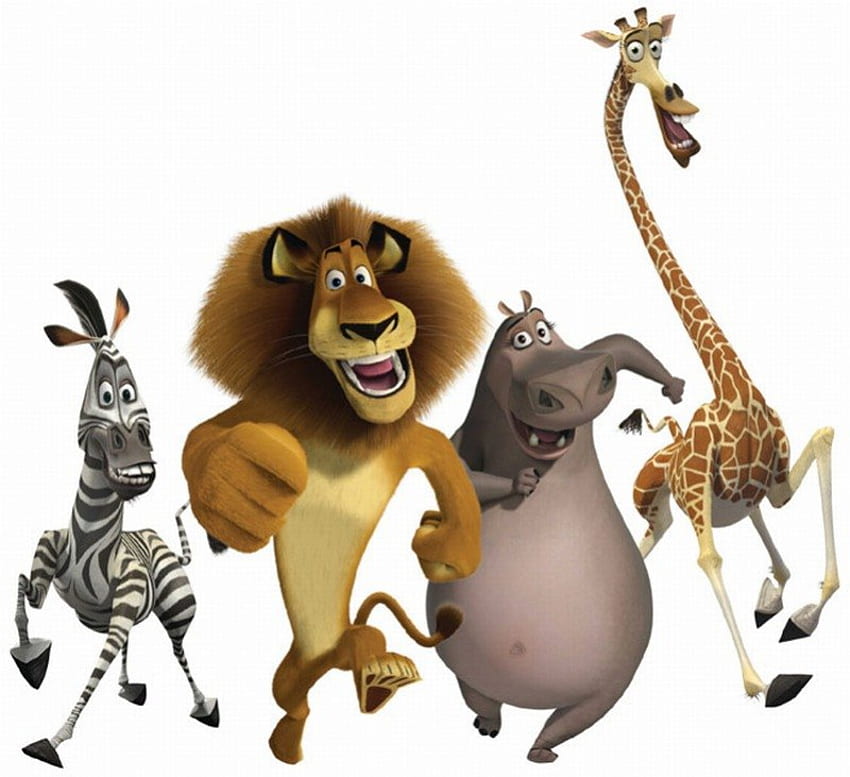 Madagascar - Hippopotamus, giraffe, zebra and lion, hippopotamus, animation, madagascar, giraffe, film, lion, zebra HD wallpaper
