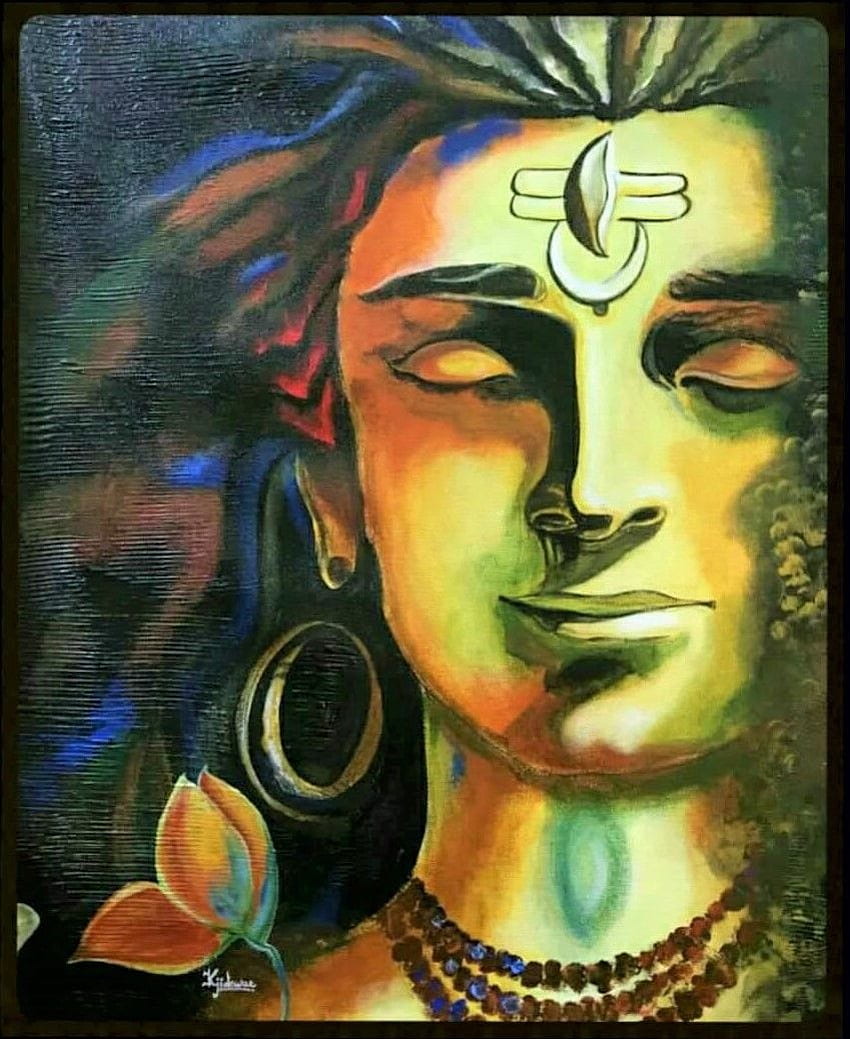 平和なシヴァ神と蓮の手作りの絵画、モダンアートのインドの神を購入する HD電話の壁紙