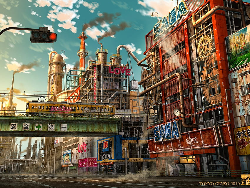 未来的なアニメ都市、アポカリプス、廃墟、東京、日本、電車、工業用アイノール ノボ 9 スパーク、未来的な東京 高画質の壁紙