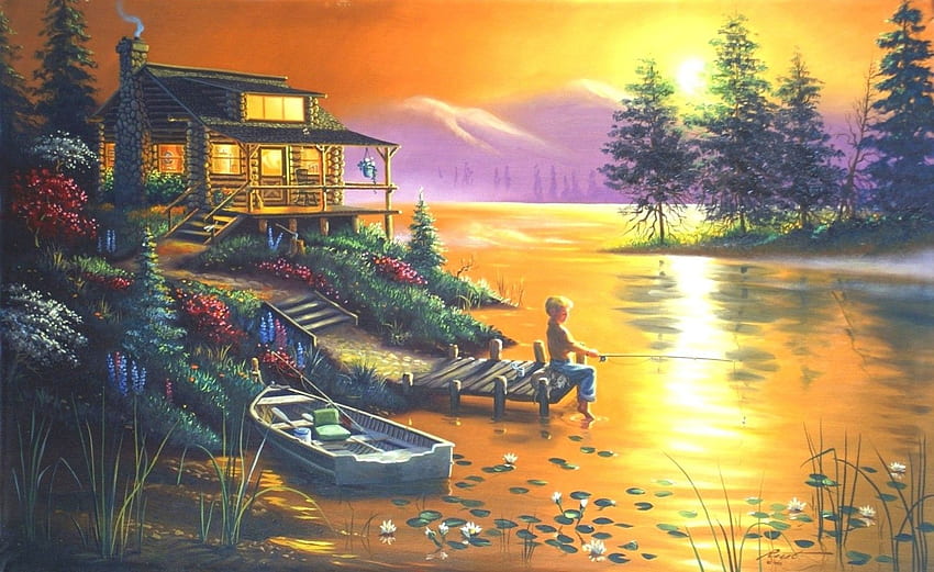 Boy Beautiful Cottages Trees Fishing Colors Four Boats Flowers, Italy Paintings HD wallpaper