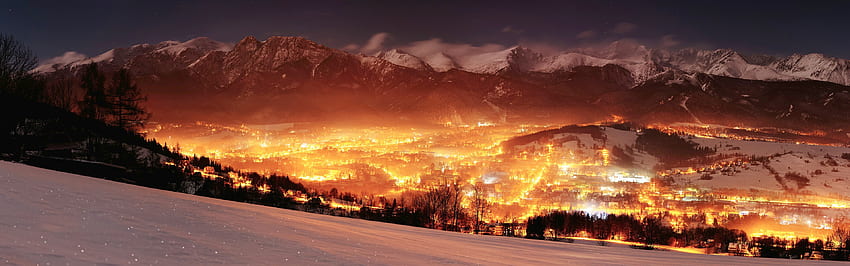 Poland, Landscape, Mountain, Valley, Lights, Glowing, Winter, Multiple Display, Night / and Mobile Background HD wallpaper