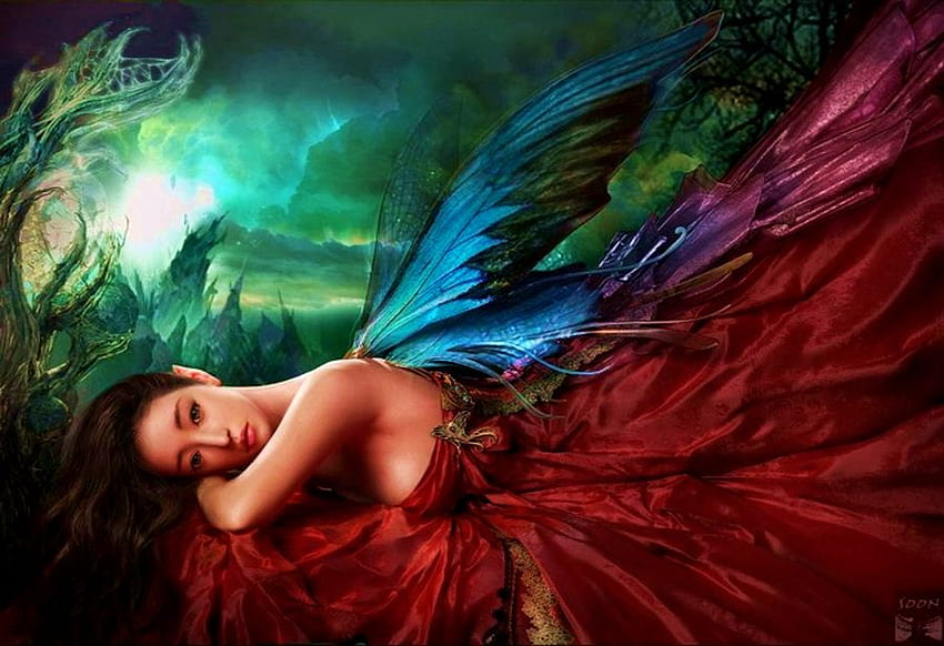 赤いドレス 天使、カラフル、ファンタジー、赤、天使、ドレス、森 高画質の壁紙