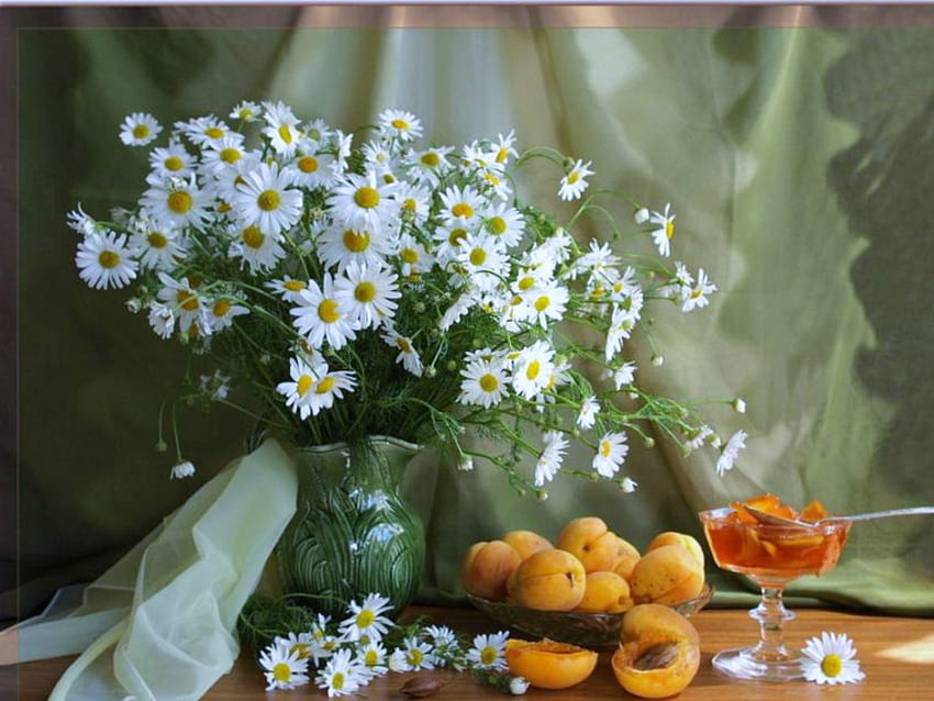 Daisies And Apricots, table, apricots, garden, vase, spring, fresh, daisies, sheers, jello, green, bowl, dish, spoon, cut HD wallpaper