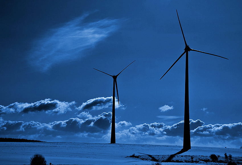 Улавяне на вятъра, нощта, синьото, мощността, облаците, вятърните турбини HD тапет