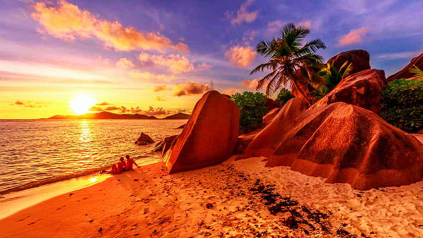 La Digue Island, Seychelles, sky, sunset, sea, colors, rocks, palm trees HD wallpaper