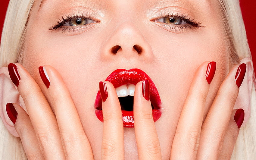 Martina Dimitrova, modelo, vermelha, rosto, lábios, menina, mulher, mão papel de parede HD