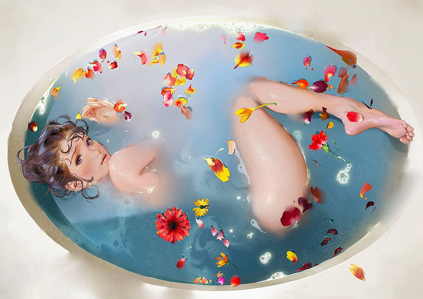 Bath Time, art, fantasy, bath, , girl, bathing, woman, beautiful, digital, lamamake HD wallpaper