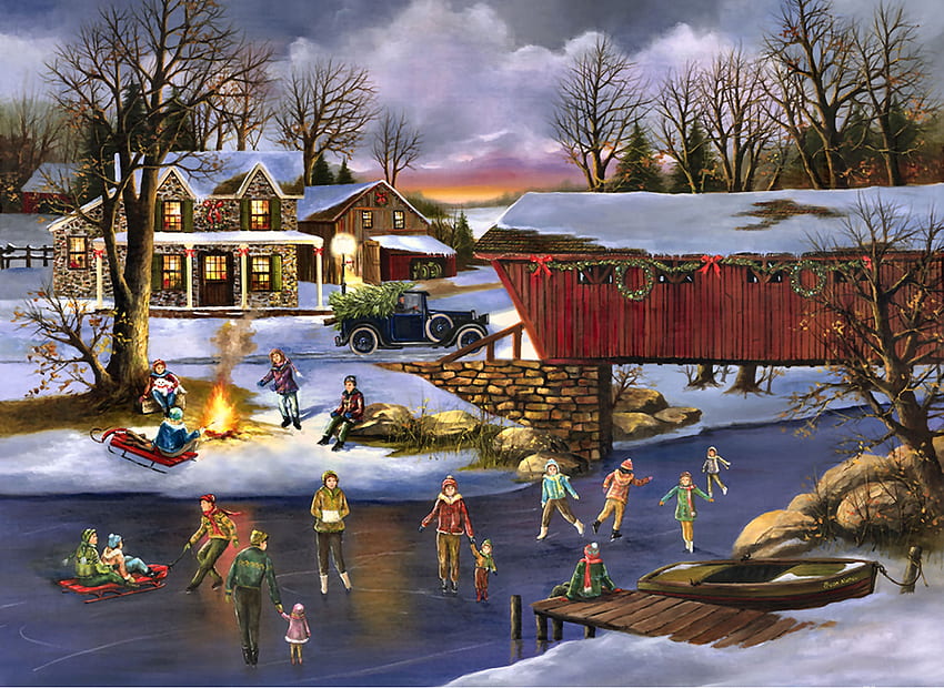 Старомодна Коледа F1, зима, декември, изкуство, красиво, илюстрация, произведение на изкуството, пейзаж, повод, широк екран, празник, , Коледа, сняг HD тапет