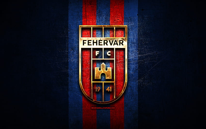 Fehervar FC、金色のロゴ、OTP Bank Liga、青い金属の背景、サッカー、ハンガリーのサッカー クラブ、Fehervar FC のロゴ、ハンガリー、MOL Fehervar 高画質の壁紙