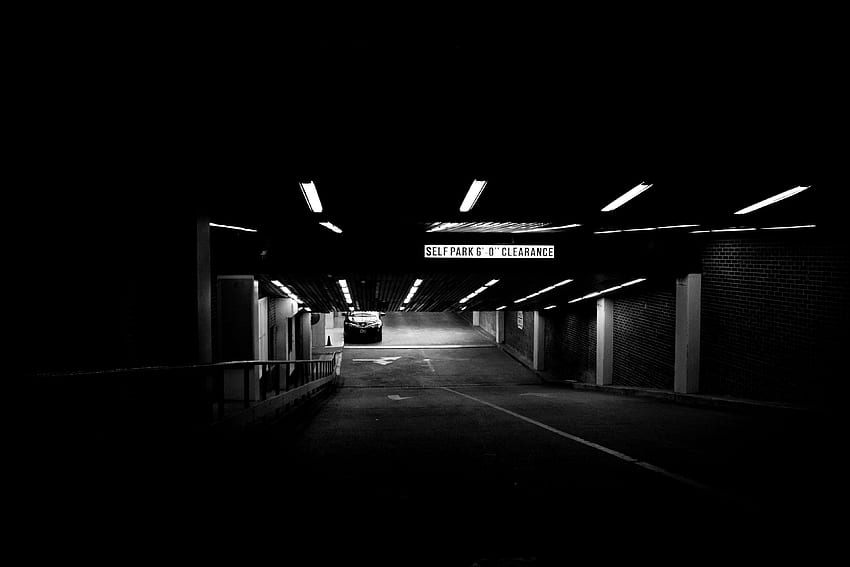 black and white, car, dark, parking, parking lot, underground garage, vehicle HD wallpaper