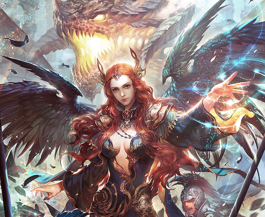 Angel, girl, wings, fantasy, dragon, kdash HD wallpaper