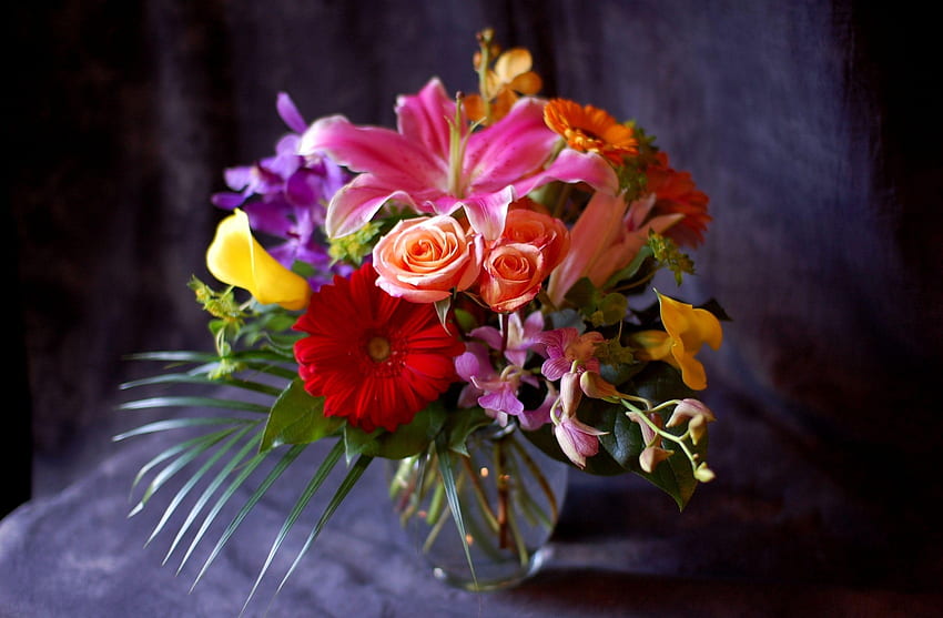 Flowers, Rose Flower, Rose, Bouquet, Vase, Calla, Lily, Composition, Callas, Gerbera, Orchid HD wallpaper
